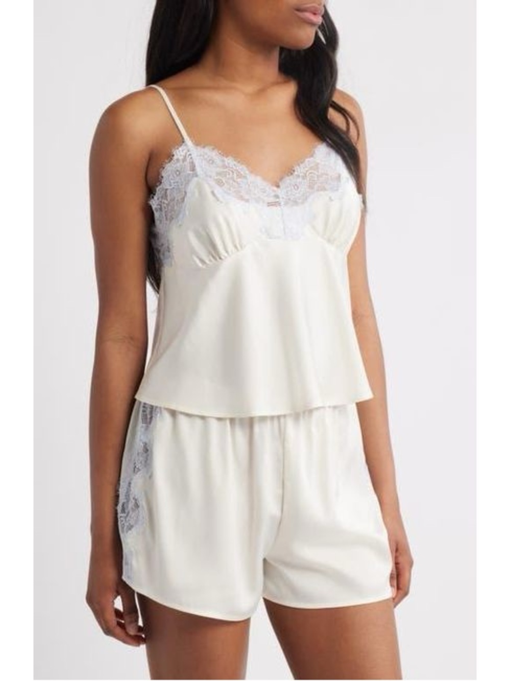 Open Edit Cream Lace-Trim Cami & Short Set with blue lace